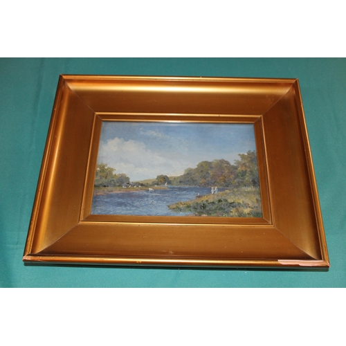 115A - English 19th century oil on canvas artwork in an impressionist style, cattle grazing by river with t... 