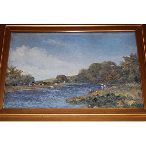 115A - English 19th century oil on canvas artwork in an impressionist style, cattle grazing by river with t... 