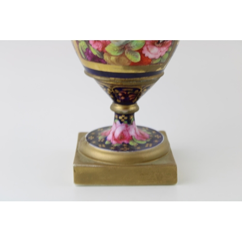 127 - 19th century porcelain vase, double handled in the form of figureheads, pink rose design, gilt highl... 