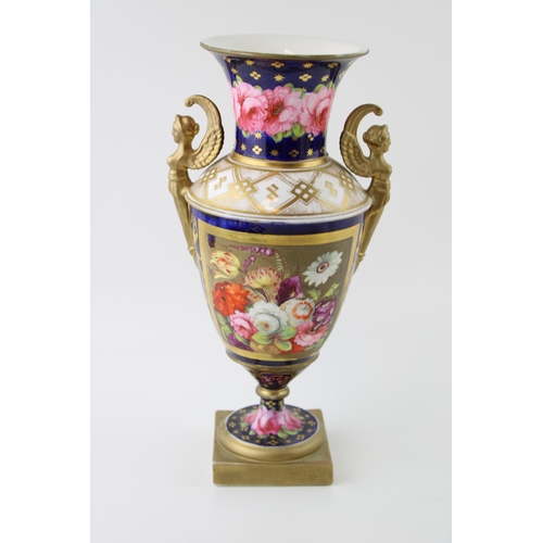 127 - 19th century porcelain vase, double handled in the form of figureheads, pink rose design, gilt highl... 