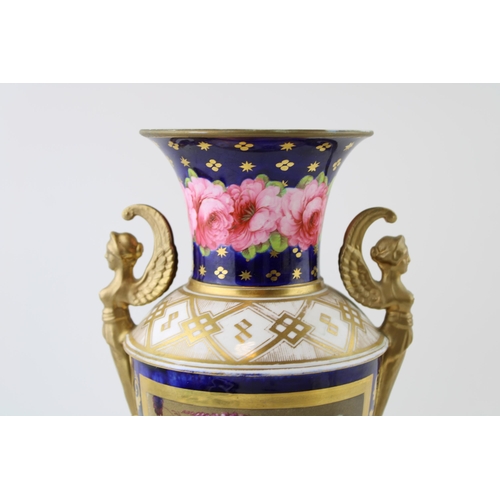 127 - 19th century porcelain vase, double handled in the form of figureheads, pink rose design, gilt highl... 