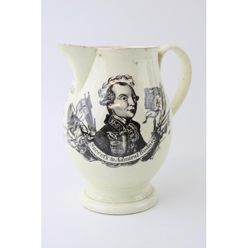 128 - Late 18th / early 19th century creamware jug 'Succefs to Admiral Rodney', 'Thomas Wall 1781', 'Heres... 