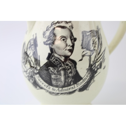 128 - Late 18th / early 19th century creamware jug 'Succefs to Admiral Rodney', 'Thomas Wall 1781', 'Heres... 