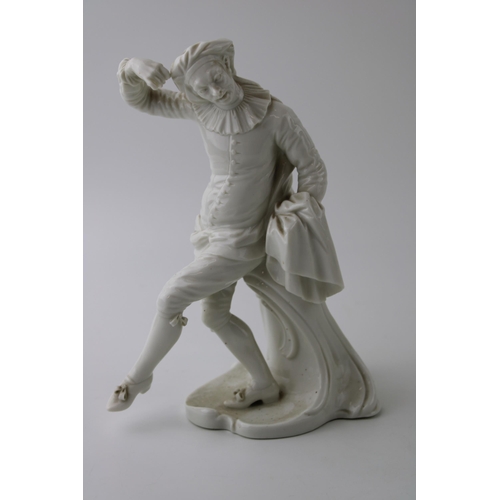 129 - Nymphenburg white glazed ceramic figure of Scaramouche with impressed to the base No 240, 19cm tall.