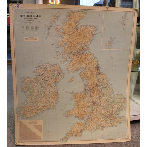 363 - Vintage Bartholomew's British Isles Motoring Map 1:1 000 000 on heavy card, salvaged from a commerci... 