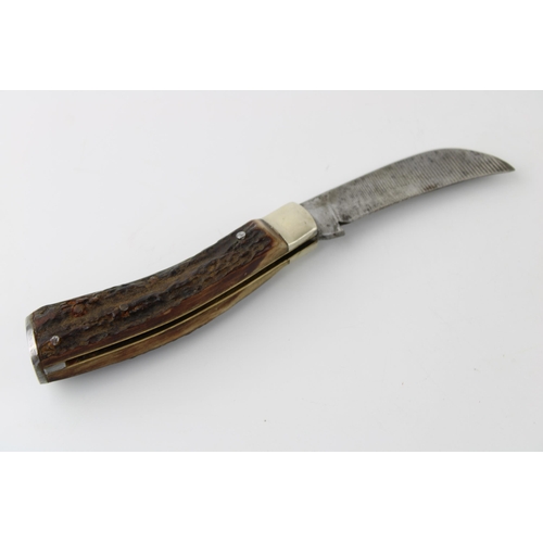 15B - Lockwood Brothers of Sheffield antler handled flat cap / flat bottom pruner pocket knife, length clo... 