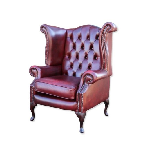 40A - Vintage leather Queen Anne style Chesterfield single wingback chair in oxblood, button back, label u... 