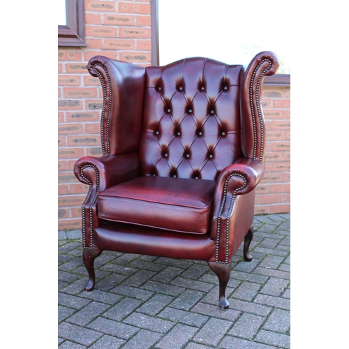 40A - Vintage leather Queen Anne style Chesterfield single wingback chair in oxblood, button back, label u... 