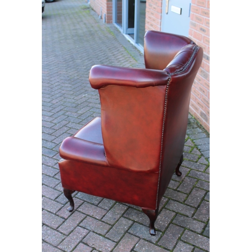 40A - Vintage leather Queen Anne style Chesterfield single wingback chair in oxblood, button back, label u... 