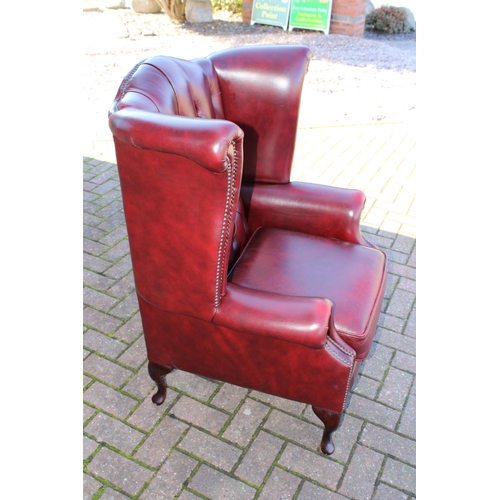 40A - Vintage leather Queen Anne style Chesterfield single wingback chair in oxblood, button back, label u... 