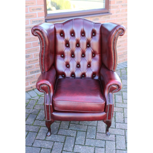 40A - Vintage leather Queen Anne style Chesterfield single wingback chair in oxblood, button back, label u... 