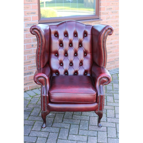 40A - Vintage leather Queen Anne style Chesterfield single wingback chair in oxblood, button back, label u... 