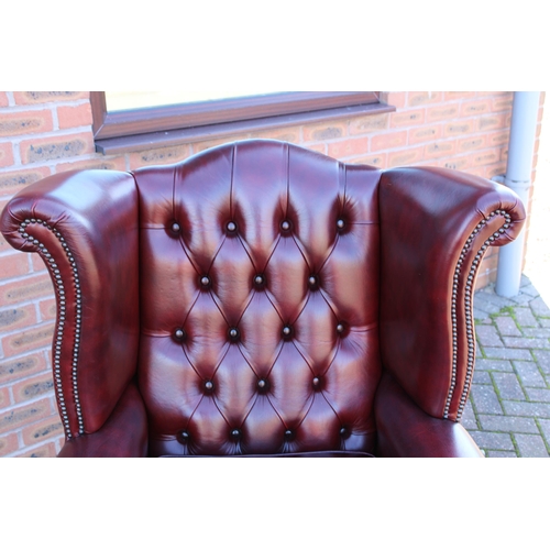 40A - Vintage leather Queen Anne style Chesterfield single wingback chair in oxblood, button back, label u... 