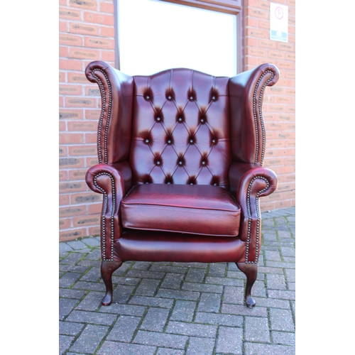 40A - Vintage leather Queen Anne style Chesterfield single wingback chair in oxblood, button back, label u... 