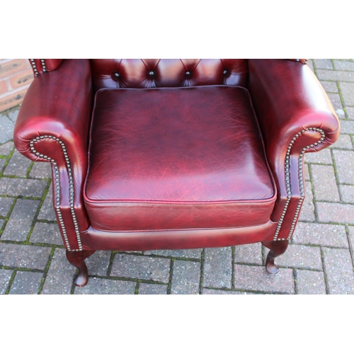 40A - Vintage leather Queen Anne style Chesterfield single wingback chair in oxblood, button back, label u... 