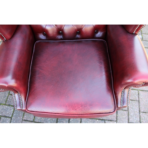 40A - Vintage leather Queen Anne style Chesterfield single wingback chair in oxblood, button back, label u... 