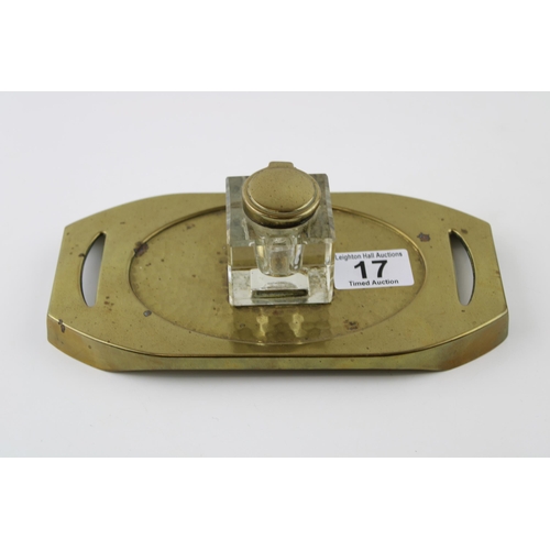 17 - Brass Arts and Crafts style inkwell, elongated tray, hammered effect, 22cm long.