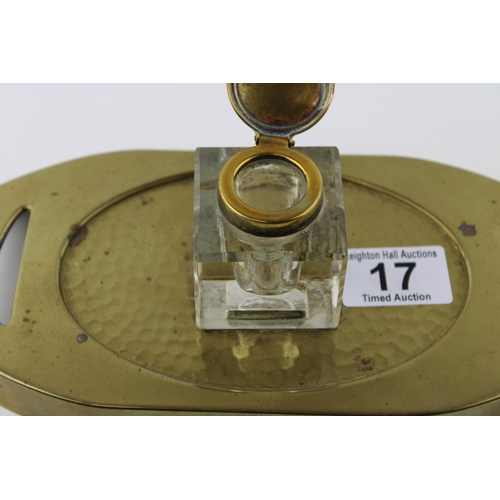 17 - Brass Arts and Crafts style inkwell, elongated tray, hammered effect, 22cm long.