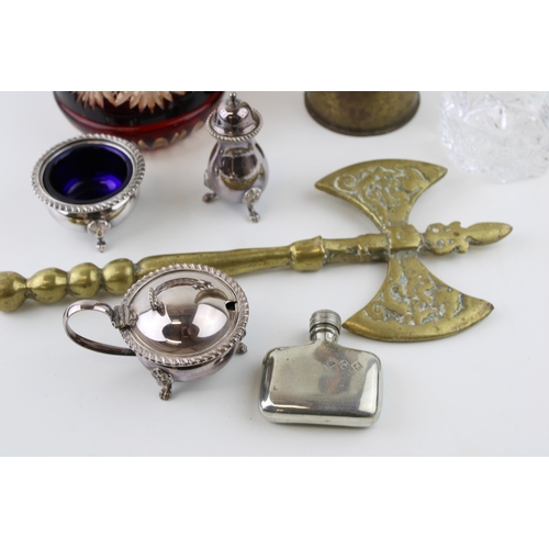 3 - A collection of silver plated items together with a pewter hip flask, a WWI era shell casing and oth... 