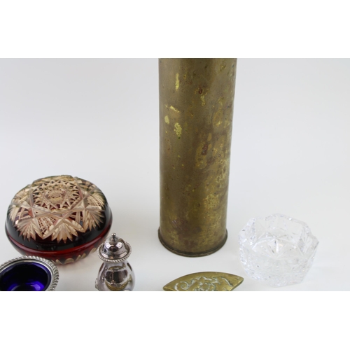 3 - A collection of silver plated items together with a pewter hip flask, a WWI era shell casing and oth... 