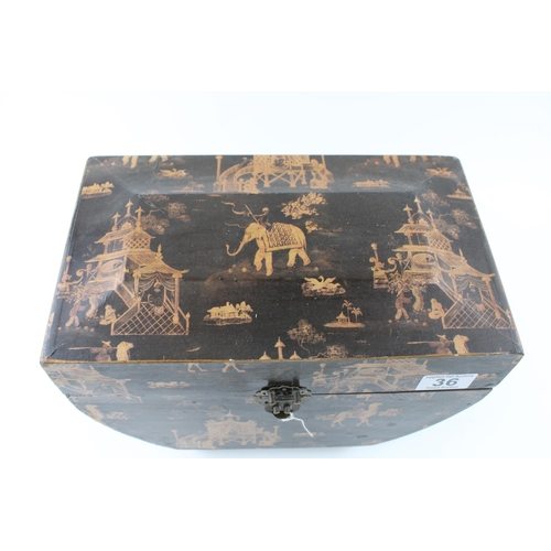 36 - Chinese lacquer work style box on round feet with metal clasp. Height 23cm.