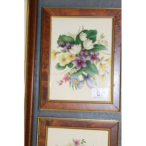 49 - Two framed Maws & Co tiles of floral scenes, with a framed trio of tiles, largest 81cm tall (3).