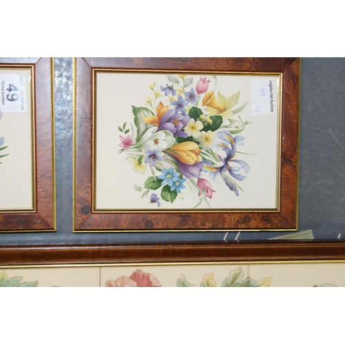 49 - Two framed Maws & Co tiles of floral scenes, with a framed trio of tiles, largest 81cm tall (3).