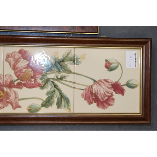 49 - Two framed Maws & Co tiles of floral scenes, with a framed trio of tiles, largest 81cm tall (3).