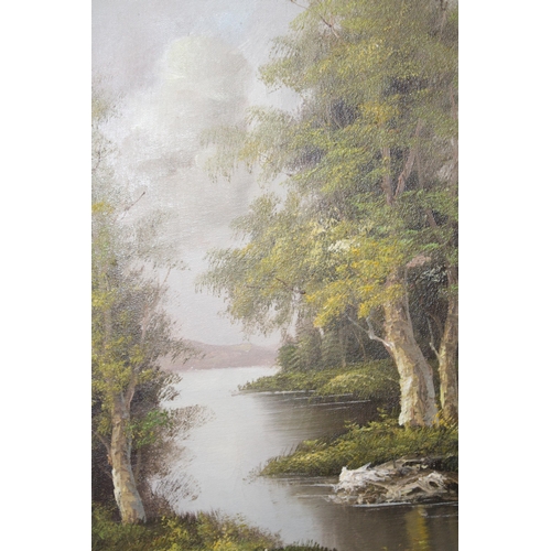 125 - A contemporary gilt framed oil on canvas, woodland stream feeding into a mountainous lake, signed 'N... 