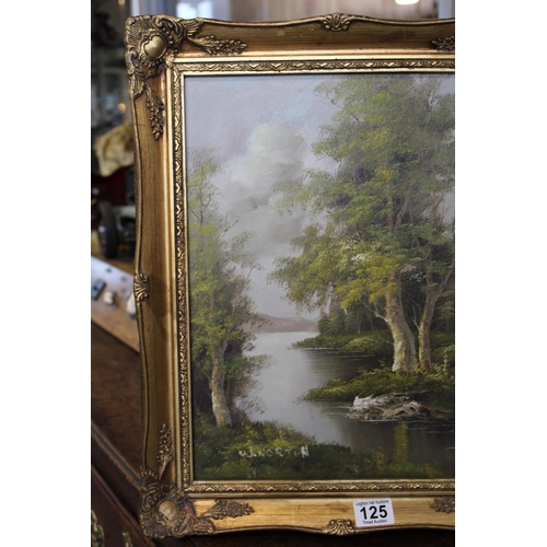 125 - A contemporary gilt framed oil on canvas, woodland stream feeding into a mountainous lake, signed 'N... 