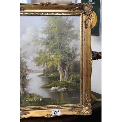 125 - A contemporary gilt framed oil on canvas, woodland stream feeding into a mountainous lake, signed 'N... 