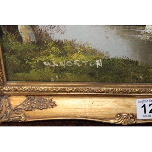 125 - A contemporary gilt framed oil on canvas, woodland stream feeding into a mountainous lake, signed 'N... 