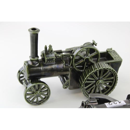 132 - Oxley Crafts England ceramic steam engine and vintage motor car. (2) Width 26cm.