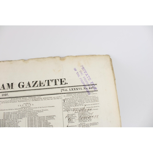 144 - Two proof copies of the Birmingham Gazette from 1827 with hand annotated notes with total prices for... 