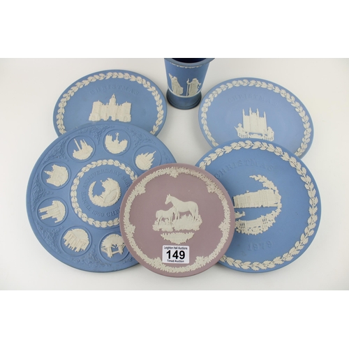 149 - A collection of Wedgwood Jasperware items to include Wedgwood Blue plates together with a Lilac 'Mot... 