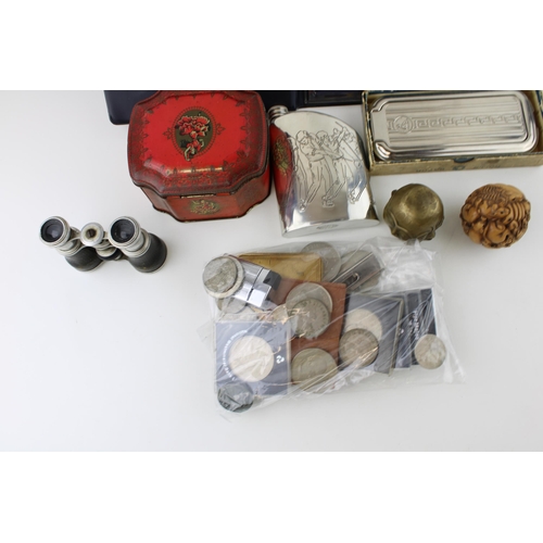 168 - A mixed collection of items to include commemorative crowns, Rolls Razor, vintage opera glasses, tin... 