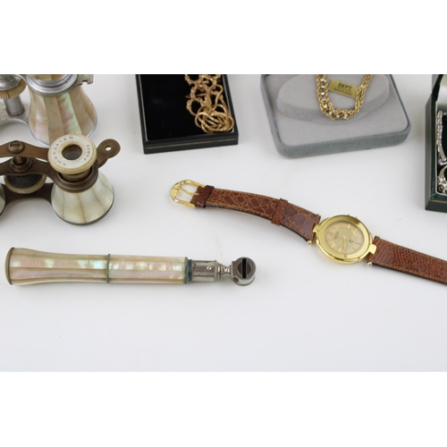 171 - A mixed collection of costume jewellery and vintage watches together with two pairs of mother of pea... 