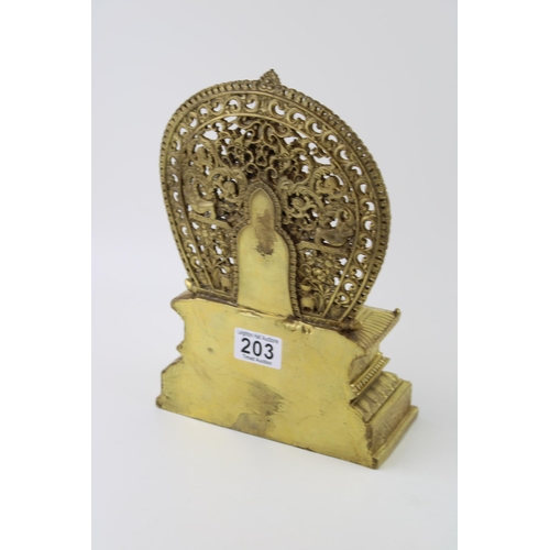 203 - Reproduction Tibetan gilded figure of a seated Buddha, on stepped throne, 28cm tall.