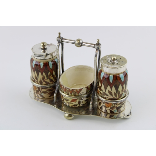 245 - Royal Doulton Faience cruet set on silver plated stand, silver plated lids, floral design, blue and ... 