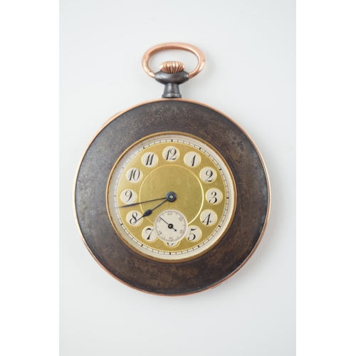 246 - Antique French pocket watch, rose gold cased, gun metal, Arabic numerals, winds, ticks and runs, 46m... 