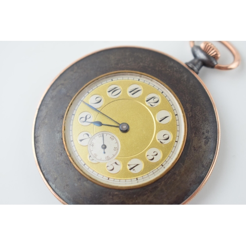 246 - Antique French pocket watch, rose gold cased, gun metal, Arabic numerals, winds, ticks and runs, 46m... 