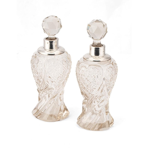 248 - A pair of silver collared glass perfume bottles, London 1915, H Perkins & Son, with stoppers, 20cm t... 