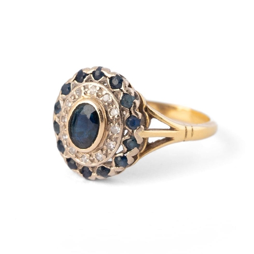 18ct gold dress ring, set diamond and sapphire, Art Deco style, size Q, 4.8g.