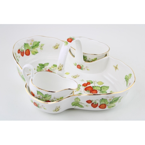 108 - Queens China 'Virginia Strawberry' serving basket with sugar bowl and cream jug, 29cm wide.