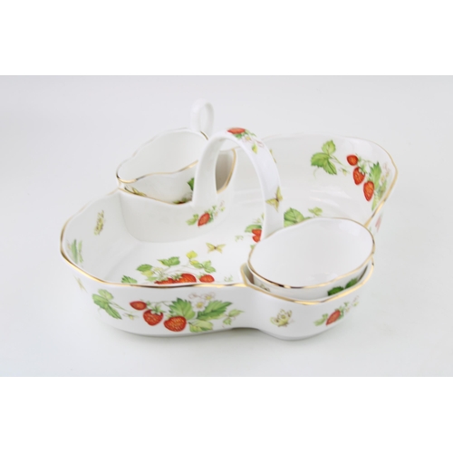 108 - Queens China 'Virginia Strawberry' serving basket with sugar bowl and cream jug, 29cm wide.