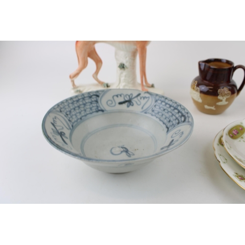 127 - Pottery to include a Shelley Late Foley trio, a Staffordshire dog, a Doulton Lambeth small jug, an o... 