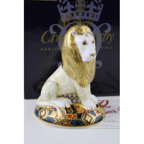 13 - Boxed Royal Crown Derby paperweight, Heraldic Lion, first quality with gold stopper, with certificat... 