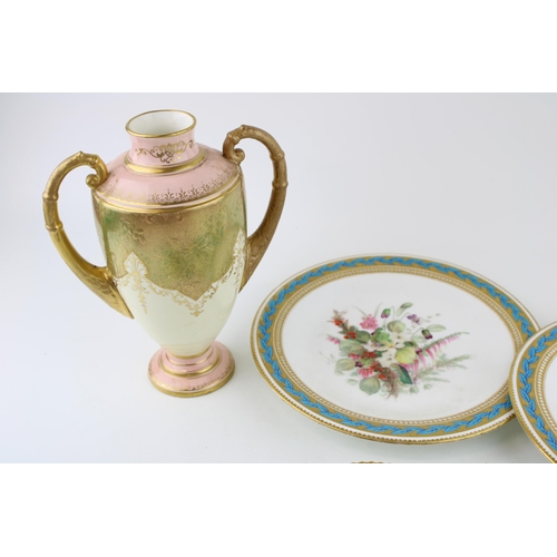 140 - Ceramics to include two Royal Worcester floral plates, jewelled gilt decoration, an early Coalport t... 