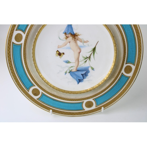 141 - Minton late 19th century plate, signed Boullemier, depicting a semi-naked child dancing with a butte... 