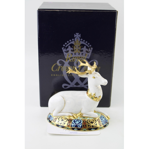 16 - Boxed Royal Crown Derby paperweight, The White Hart, first quality with gold stopper, with certifica... 